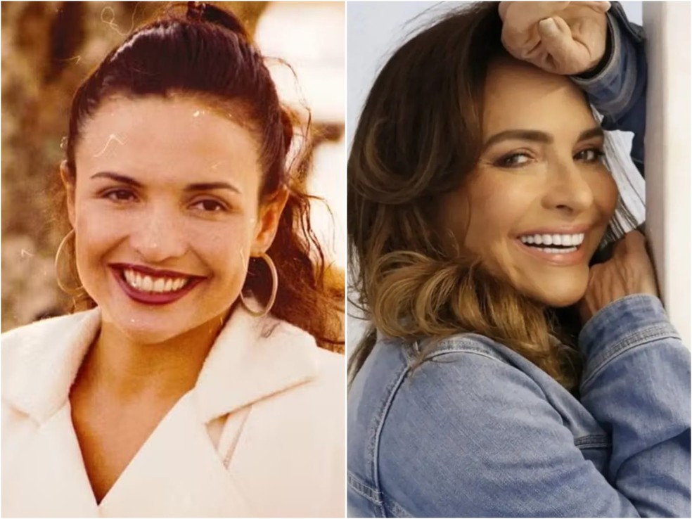 Luiza Tomé em 'Quem é Você' (Globo, 1996), como Cíntia, e com visual atual — Foto: Divulgação/TV Globo e Reprodução/Instagram