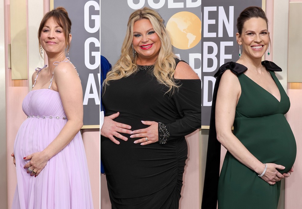  Kaley Cuoco, Amy Elizabeth Boland e Hilary Swank grávidas no Globo de Ouro 2023 — Foto: Getty Images