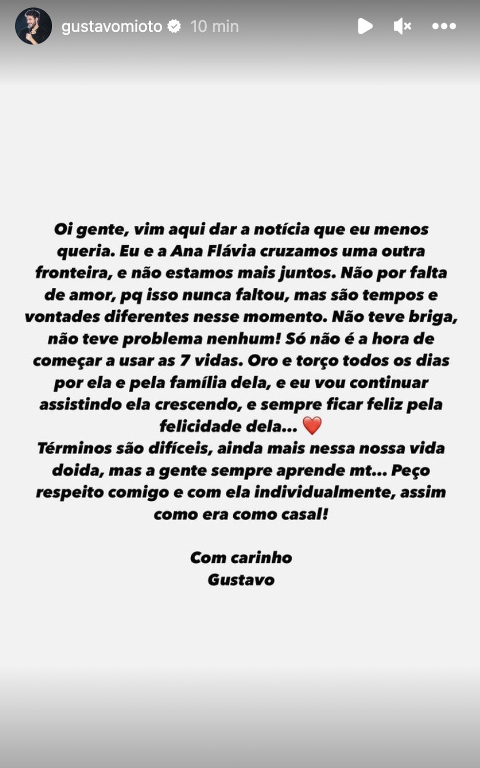 Gustavo Mioto anunciou término com Ana Castela — Foto: Instagram