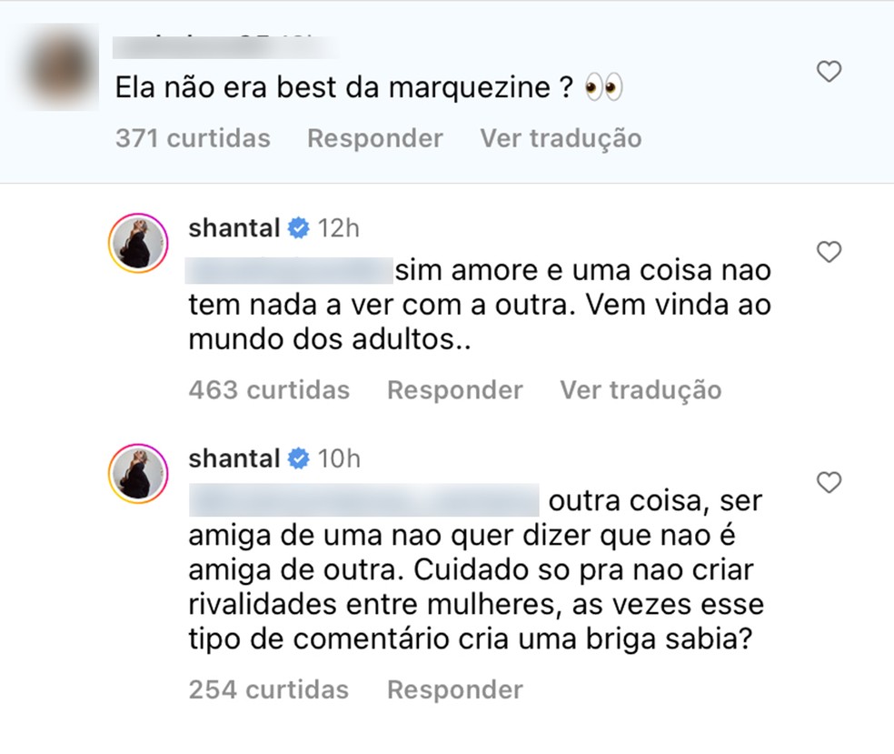 Shantal rebateu fã que questionou sua amizade com Bruna Marquezine em clique com Bruna Biancardi, atual namorada de Neymar — Foto: Reprodução / Instagram