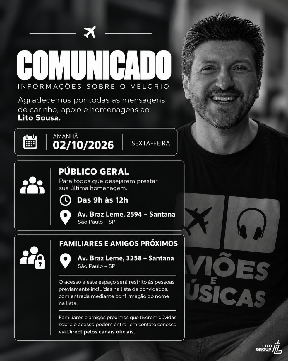 Comunicado sobre velório de Lito Sousa — Foto: Reprodução/Instagram