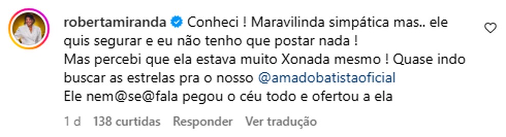 Comentário de Roberta Miranda — Foto: Reprodução/Instagram