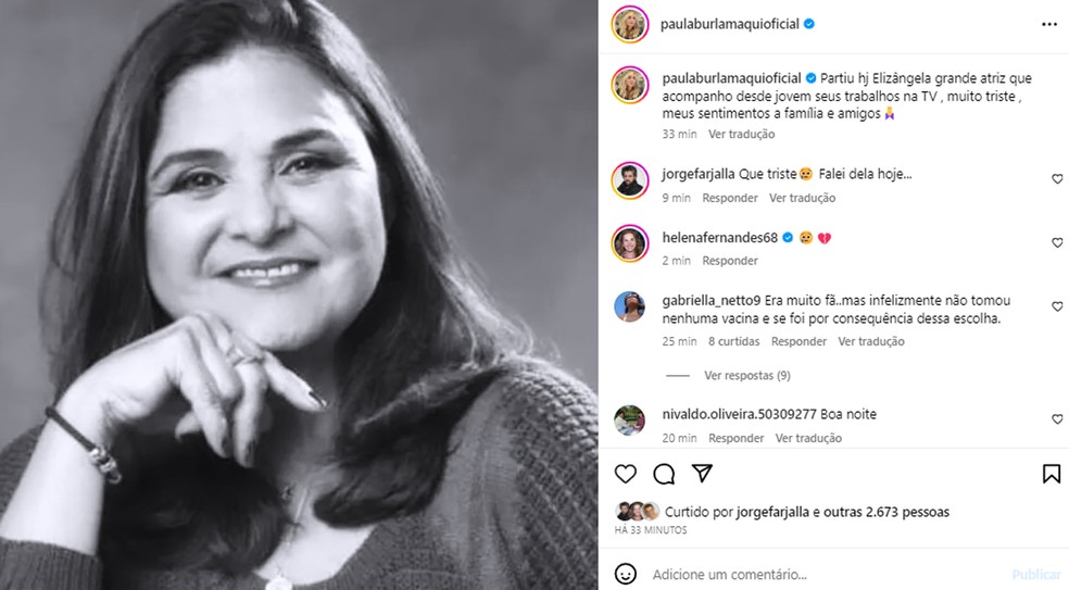 Paula Burlamaqui lamenta morte de Elizangela — Foto: Instagram
