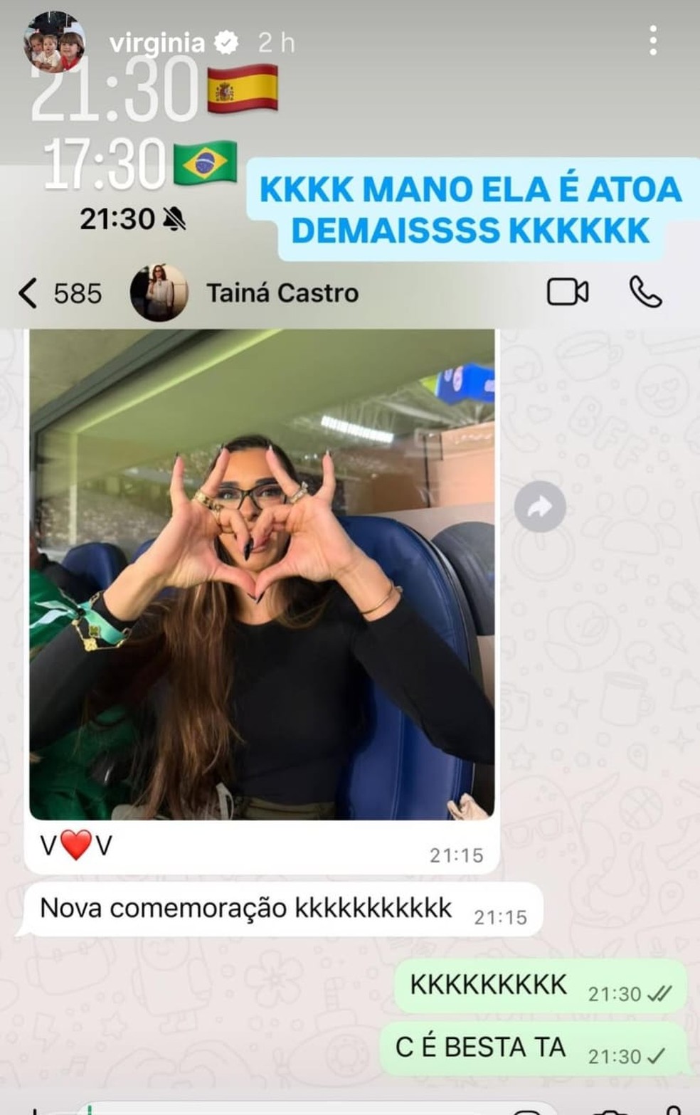 Tainá Castro manda mensagem para Virginia Fonseca — Foto: Reprodução/Instagram