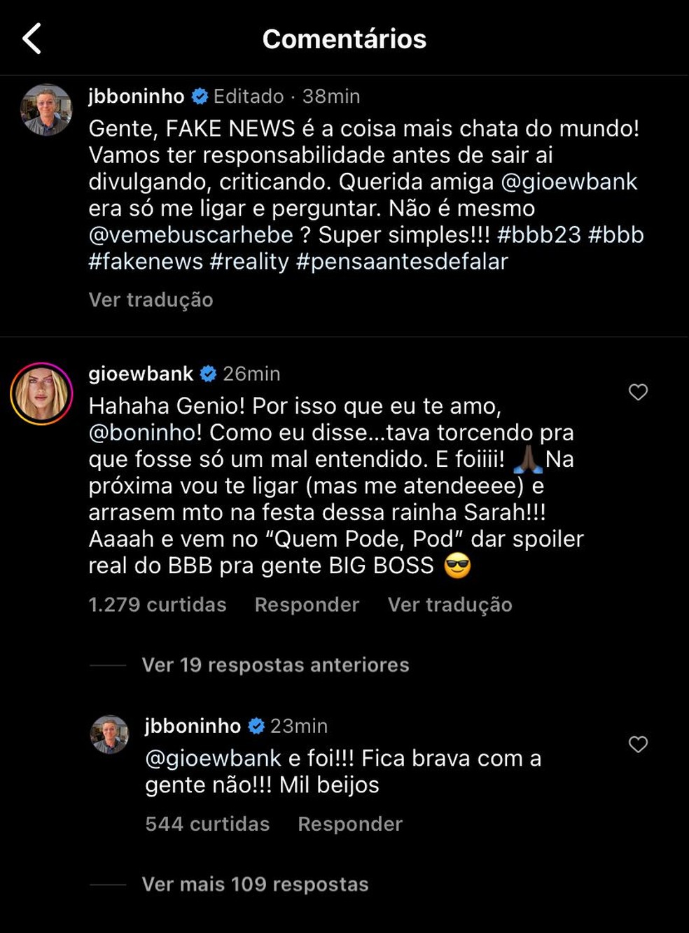 Interação entre Boninho e Giovanna Ewbank no Instagram — Foto: Reprodução/Instagram