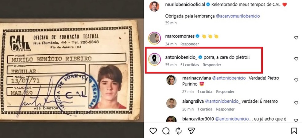 Murilo Benício resgata foto de carterinha de estudante e tem semelhança apontada com o filho caçula, Pietro Antonelli — Foto: Reprodução/Instagram