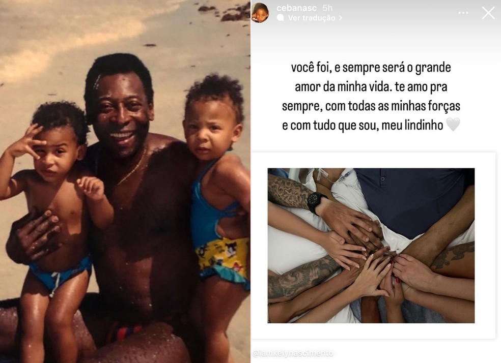 Celeste e Joshua Nascimento com Pelé quando eram crianças e o post que ela fez para o pai — Foto: Reprodução Instagram