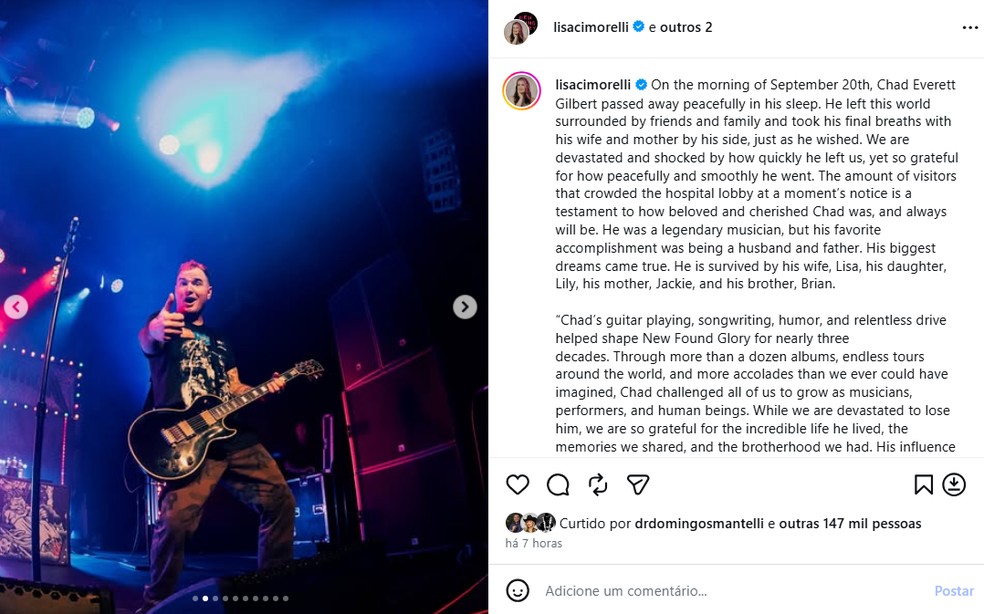 Morre Chad Gilbert, guitarrista da banda New Found Glory — Foto: Reprodução/Instagram
