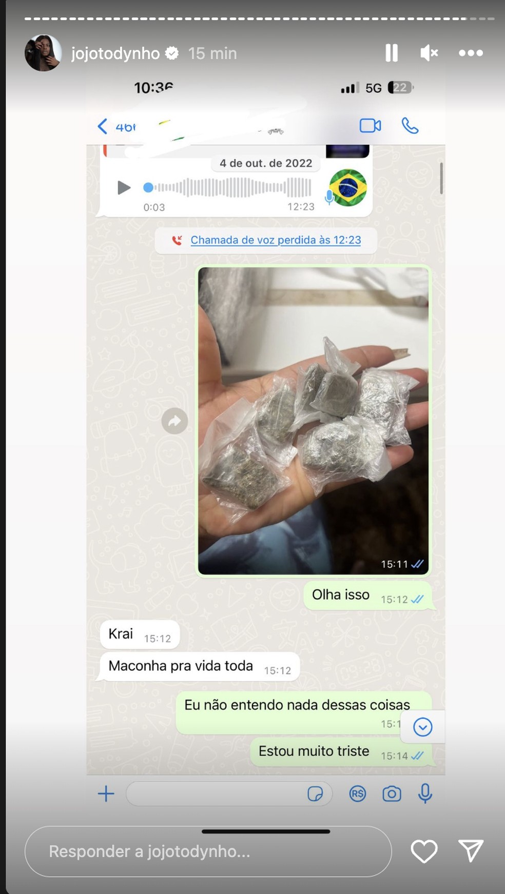 Jojo Todynho mostra prints de conversas com o irmão falando sobre o ex, Lucas Souza, usar drogas — Foto: Reprodução / Instagram