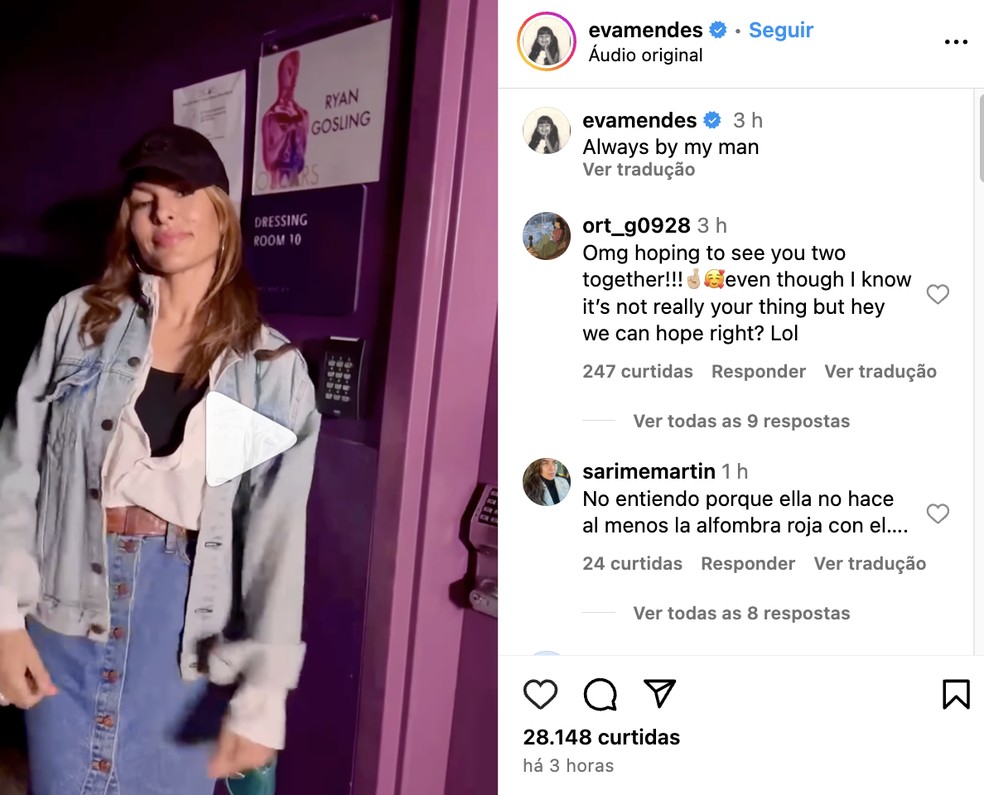 Eva Mendes mostrou apoio a Ryan Gosling no Oscar — Foto: Reprodução/Instagram