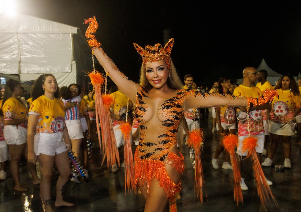 Ana Beatriz Godoi, rainha da Rosas de Ouro, em ensaio técnico da escola — Foto: Clayton Felizardo/AgNews
