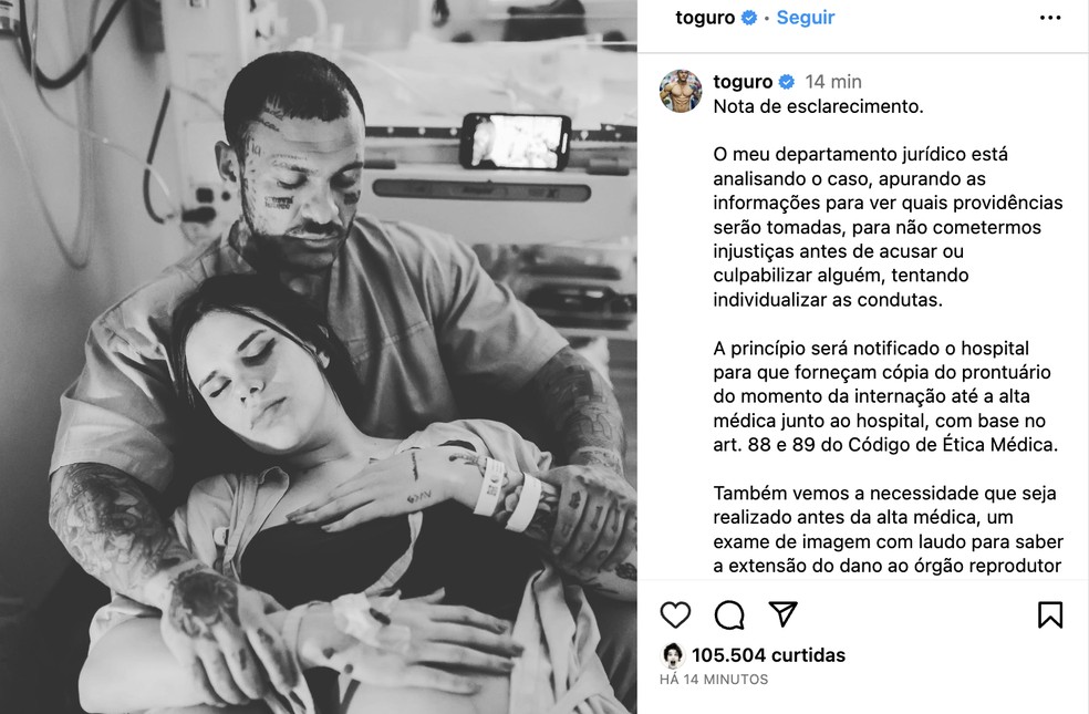 Toguro fala sobre possível erro médico no parto de Nara Paraguaia — Foto: Reprodução / Instagram