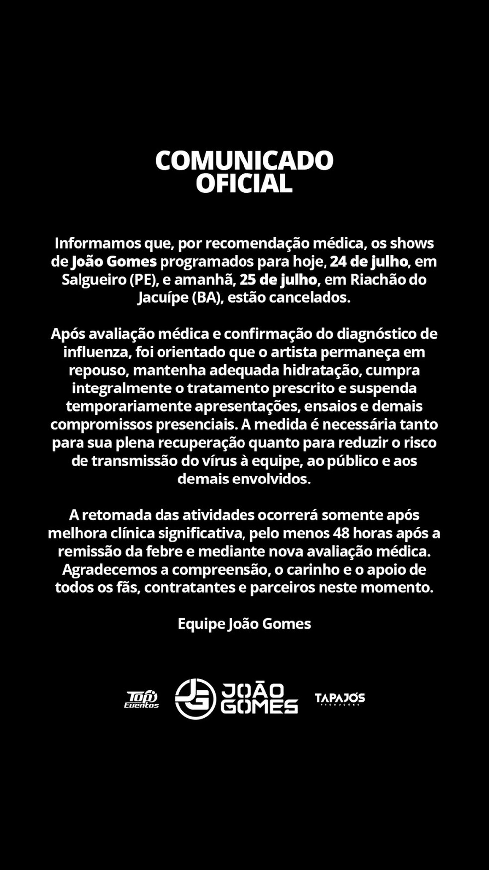 Comunicado sobre saúde de João Gomes — Foto: Reprodução/Instagram