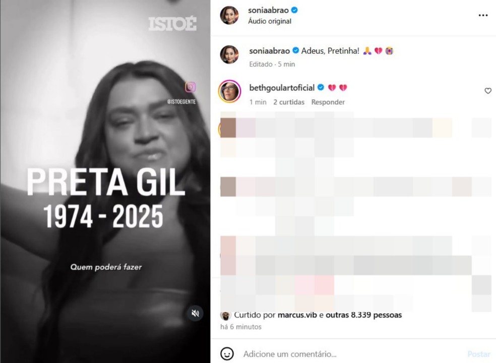 S&ocirc;nia Abr&atilde;o se despede de Preta Gil &mdash; Foto: Reprodu&ccedil;&atilde;o/Instagram