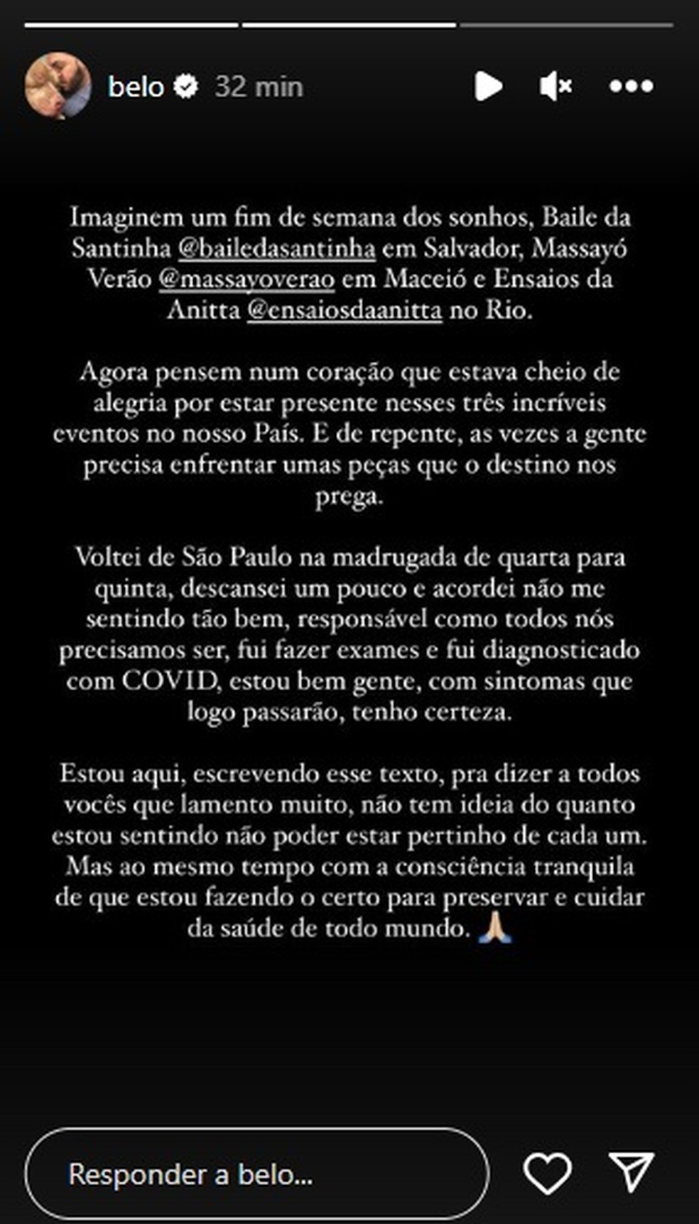 Belo se manifestou nas redes sociais — Foto: Reprodução/Instagram