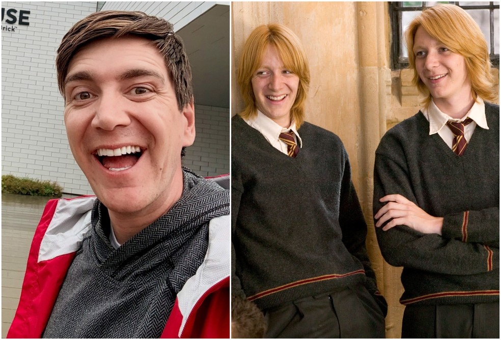 Oliver Phelps atualmente e com o irmão, James, em 'Harry Potter' — Foto: Reprodução/Instagram