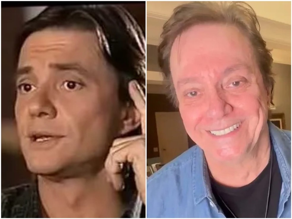 Antes e depois: Fábio Jr., como Billy, em Corpo Dourado (Globo, 1998), e com visual atual — Foto: Reprodução/TV Globo e Instagram