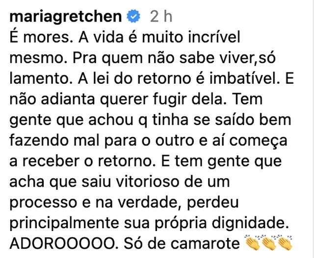 Gretchen fala sobre 'lei do retorno' após divórcio de Jenny Miranda ...