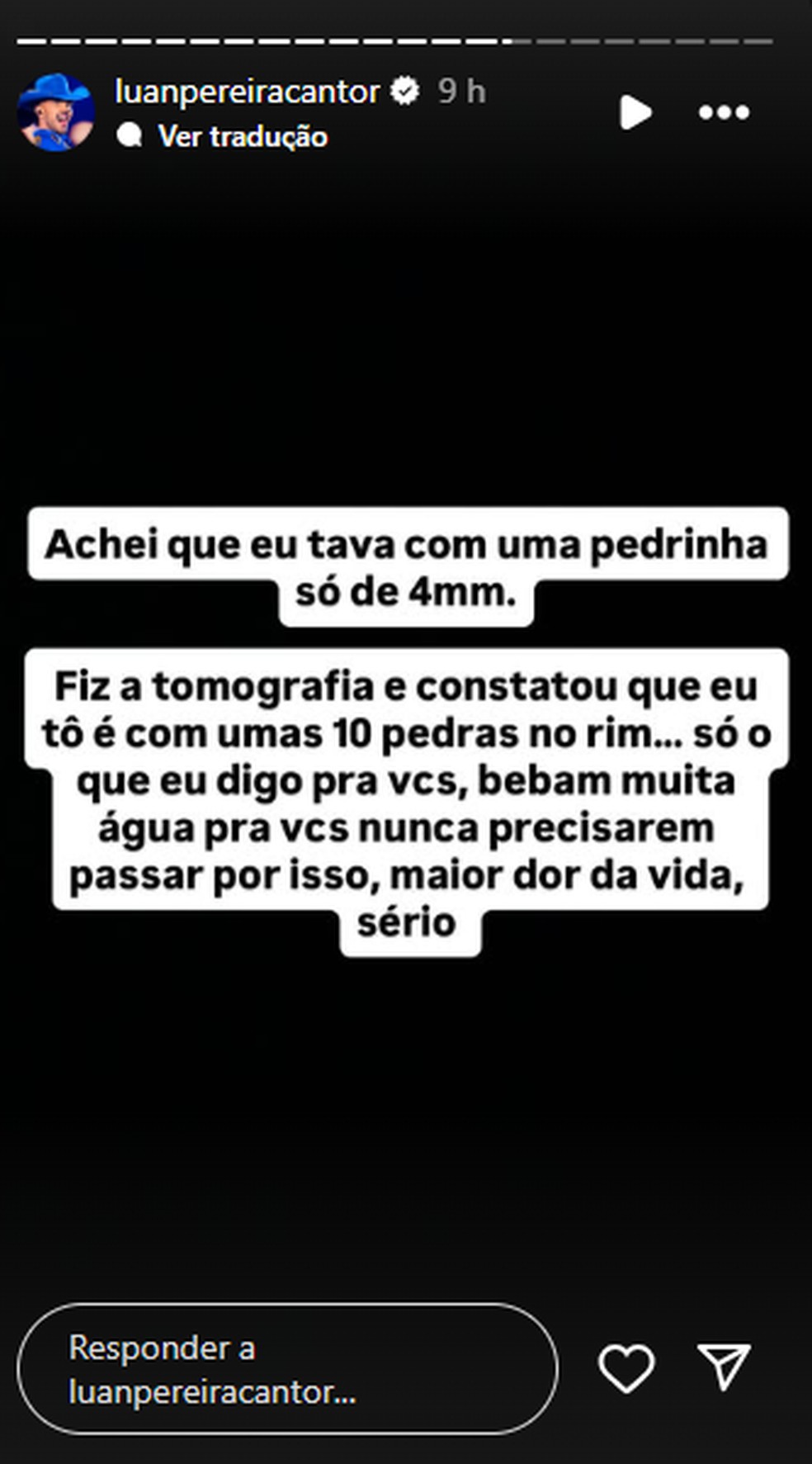Luan Pereira desabafa após pedras nos rins— Foto: Instagram @luanpereiracantor