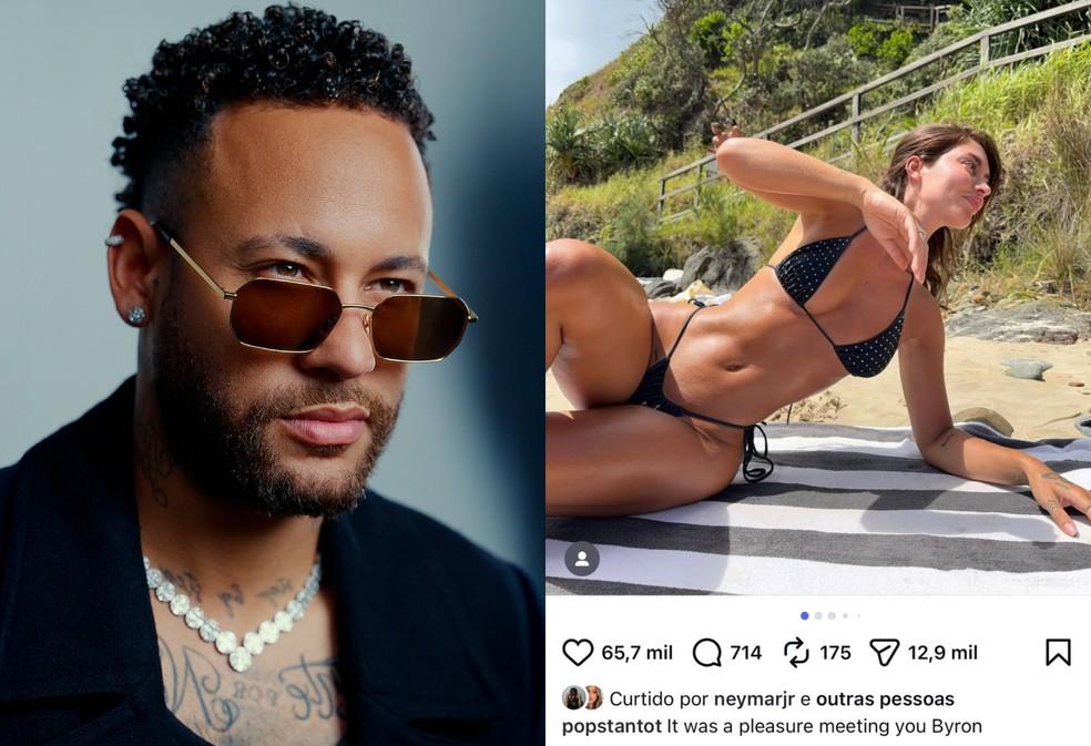 Neymar e modelo gringa — Foto: @njr.eyewear e Reprodução/Instagram