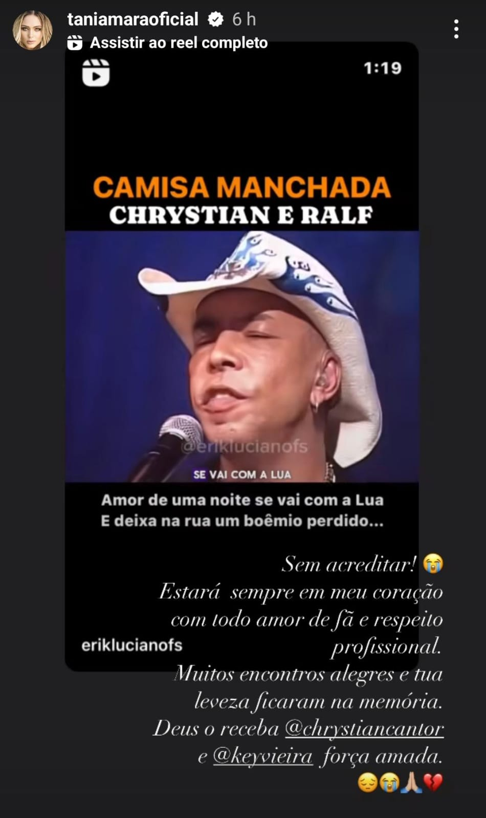 Tania Mara lamenta a morte de Chrystian — Foto: Reprodução/Instagram