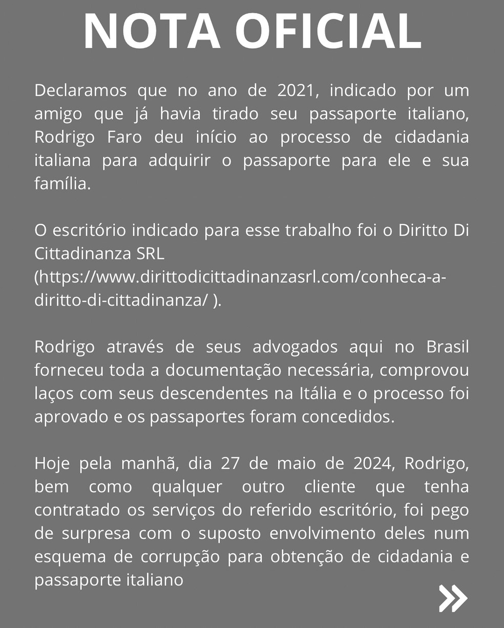 Rodrigo Faro se pronuncia após acusações de esquema de corrupção — Foto: Reprodução/Instagram