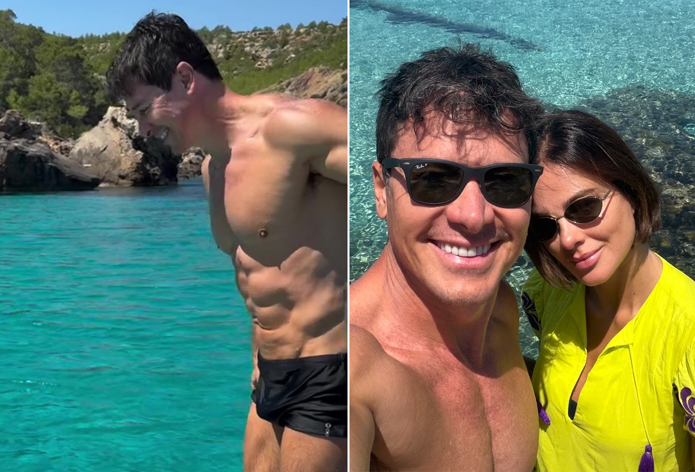 Vera Viel e Rodrigo Faro curtem mar cristalino de Ibiza, na Espanha; vídeos