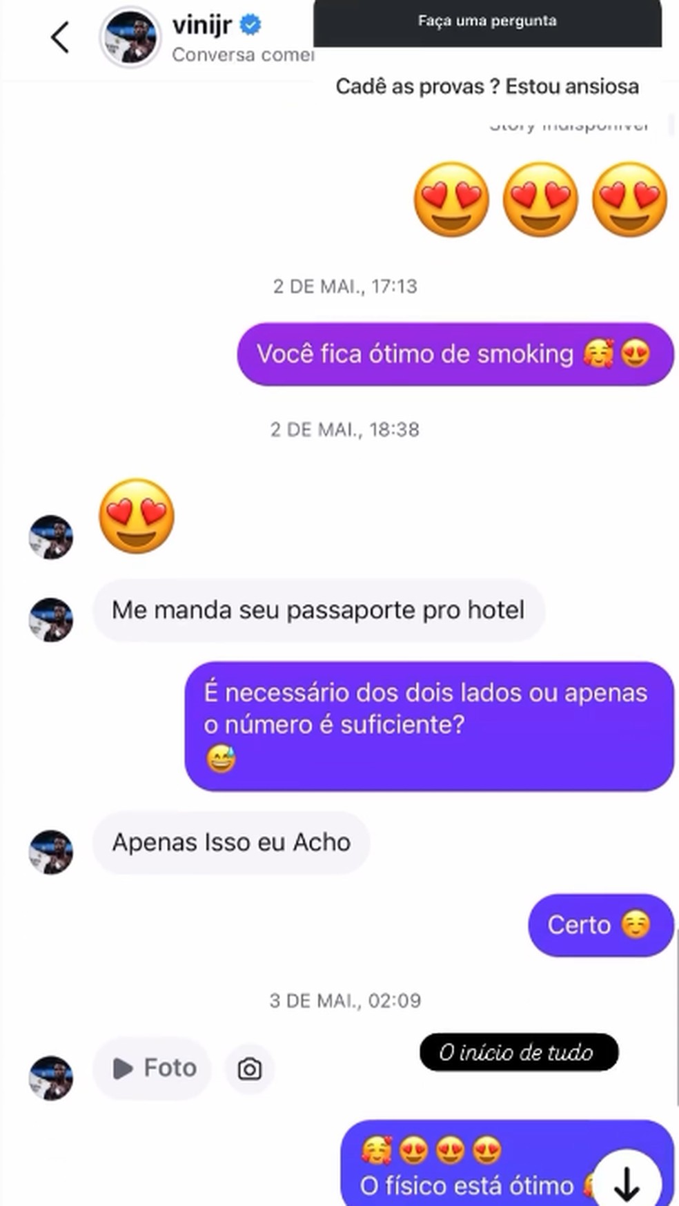Modelo compartilha mensagens que teria trocado com Vini Jr. — Foto: Reprodução/Instagram