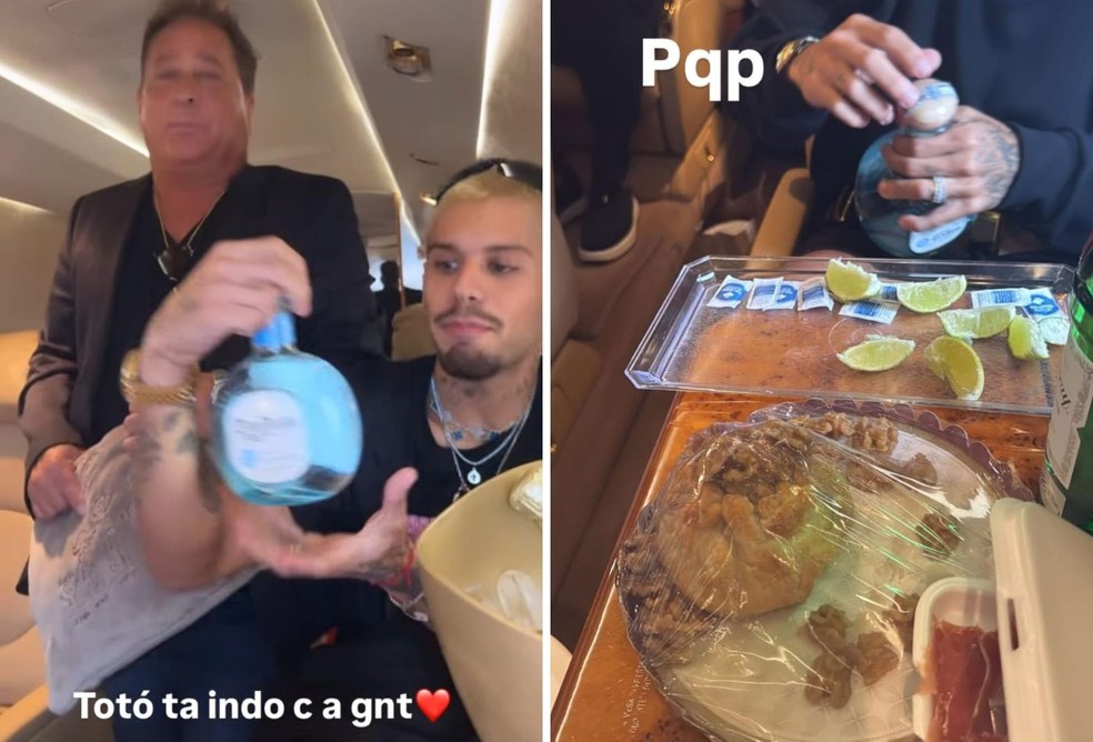 Zé Felipe e Leonardo em jatinho a caminho da Fazenda Talismã — Foto: Reprodução/Instagram