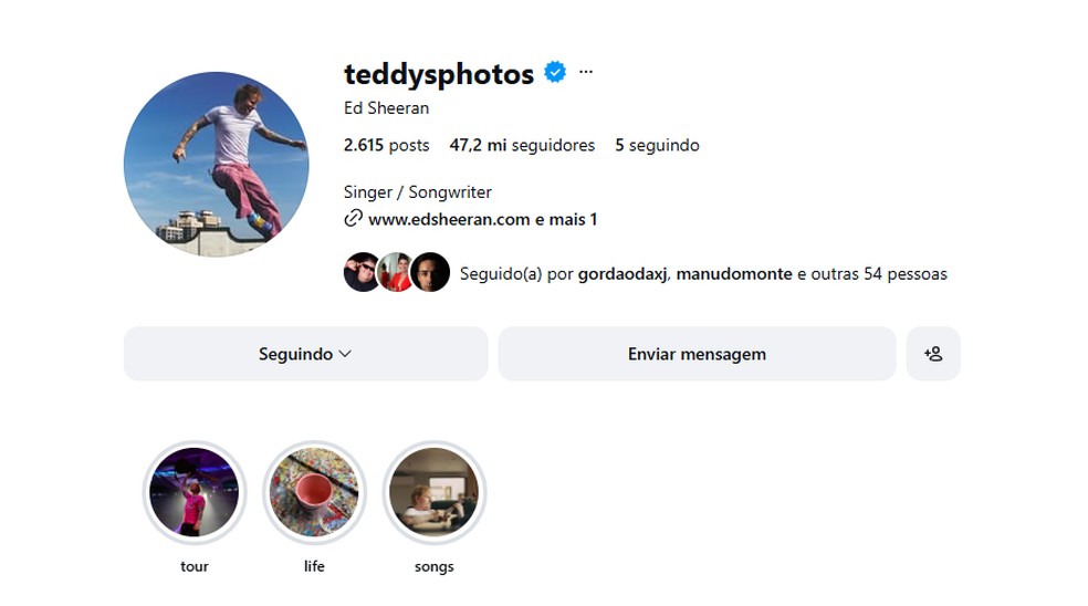 Ed Sheeran perdeu cerca de 500 mil seguidores — Foto: Reprodução/Instagram