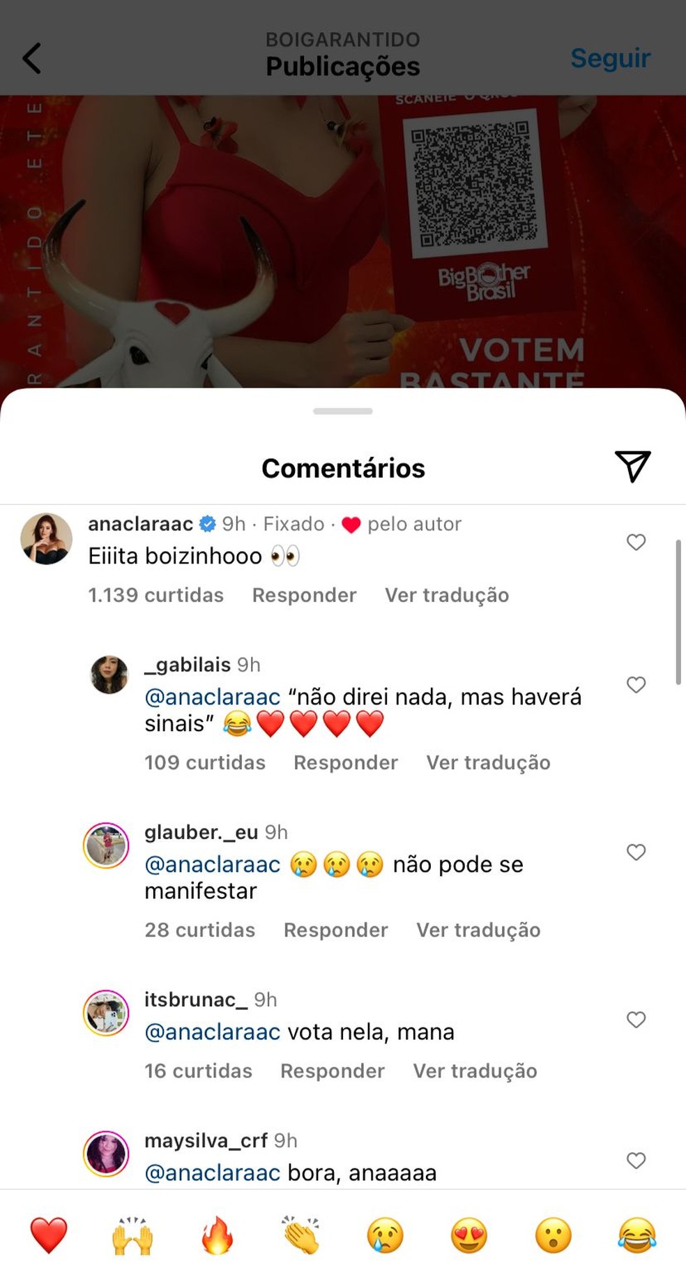 Coment&aacute;rio de Ana Clara na publica&ccedil;&atilde;o do Boi Garantido &mdash; Foto: Reprodu&ccedil;&atilde;o/Instagram