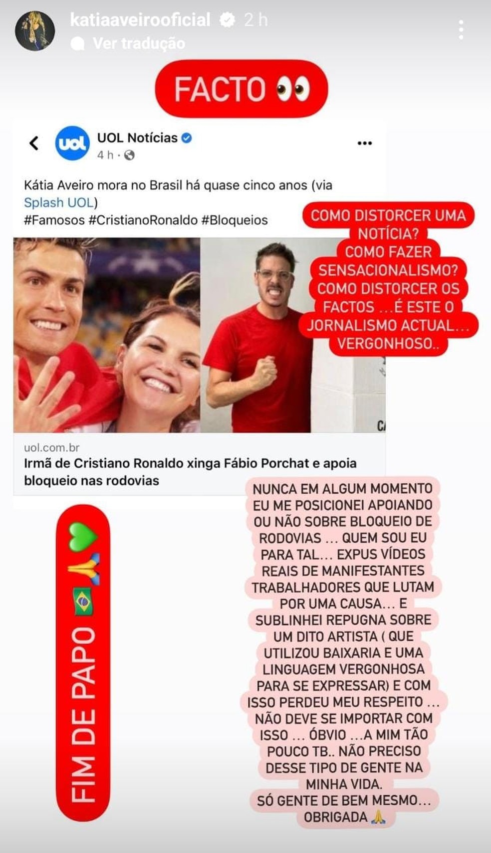 Kátia Aveiro, irmã de Cristiano Ronaldo, defende manifestações golpistas e dá unfollow em Fabio Porchat — Foto: Reprodução/Instagram