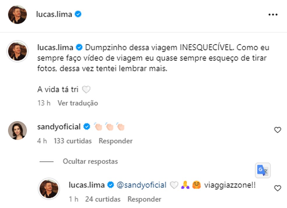 Sandy comentou o post de Lucas Lima — Foto: Reprodução/Instagram