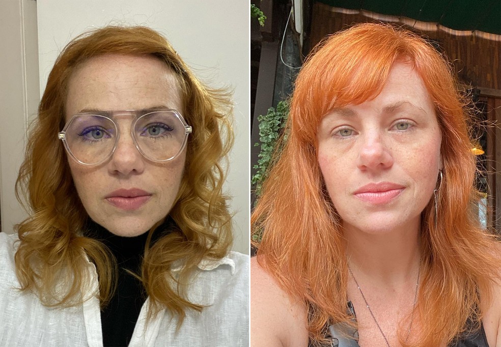Antes e depois: Karine Teles muda visual e fica ainda mais ruiva — Foto: Reprodução/Instagram e Camilo Pellegrini