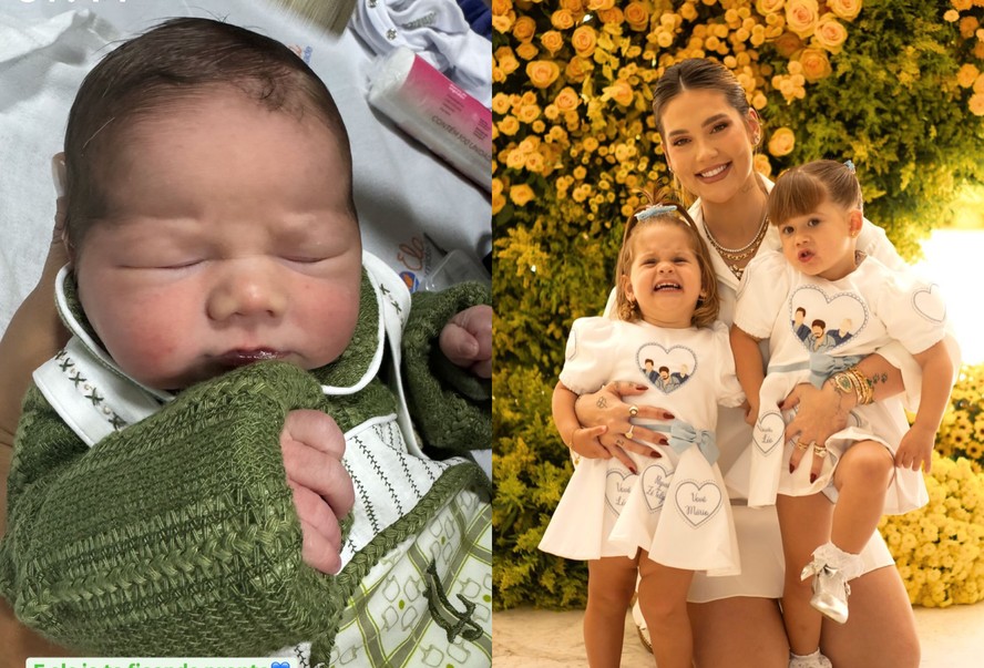 Maria Alice e Maria Flor, filhas de Virgina e Zé Felipe, conhecem o irmão  caçula