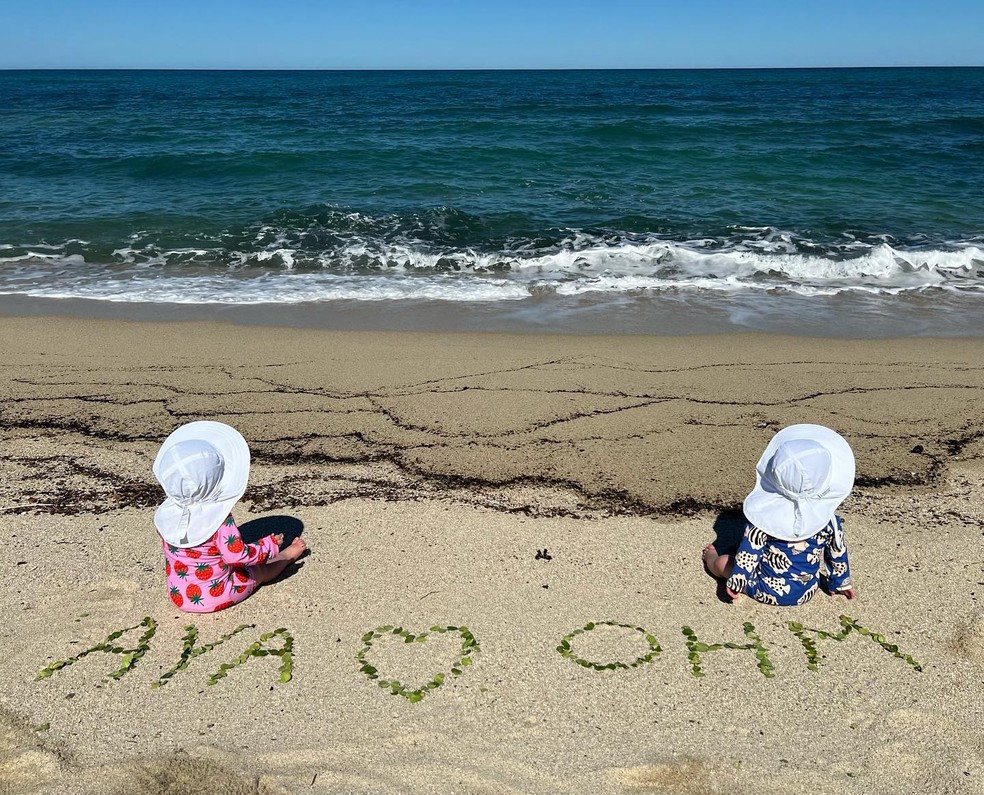 Atriz Hilary Swank divulga nomes dos gêmeos com foto fofa deles na praia — Foto: Reprodução/Instagram