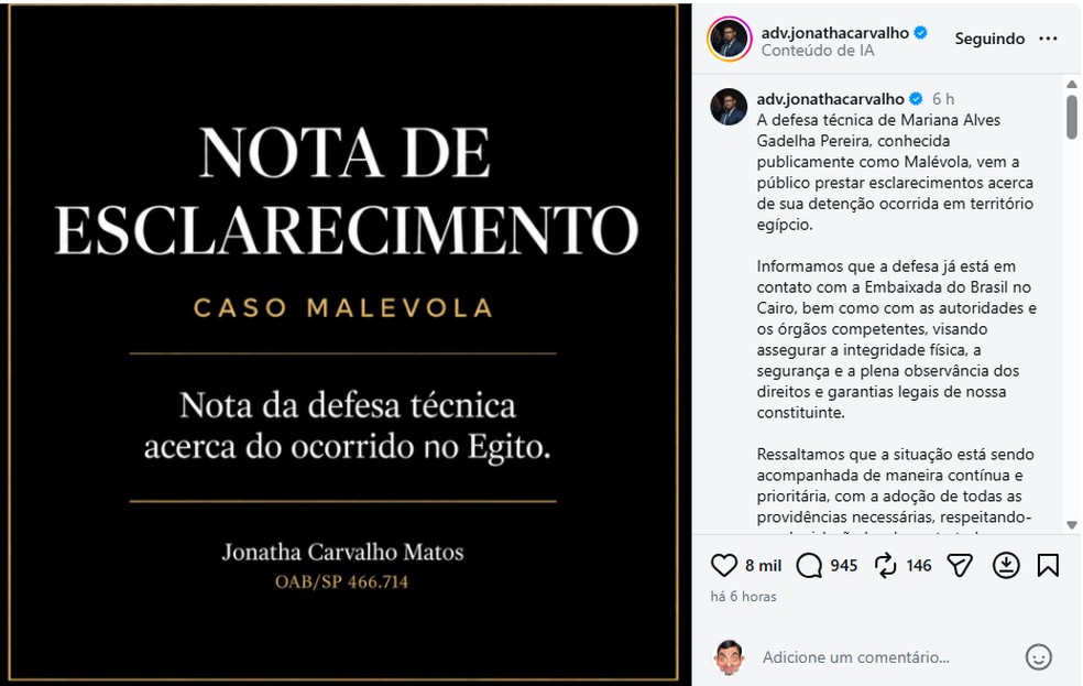 Advogado de Malévola se pronuncia — Foto: Reprodução/Instagram