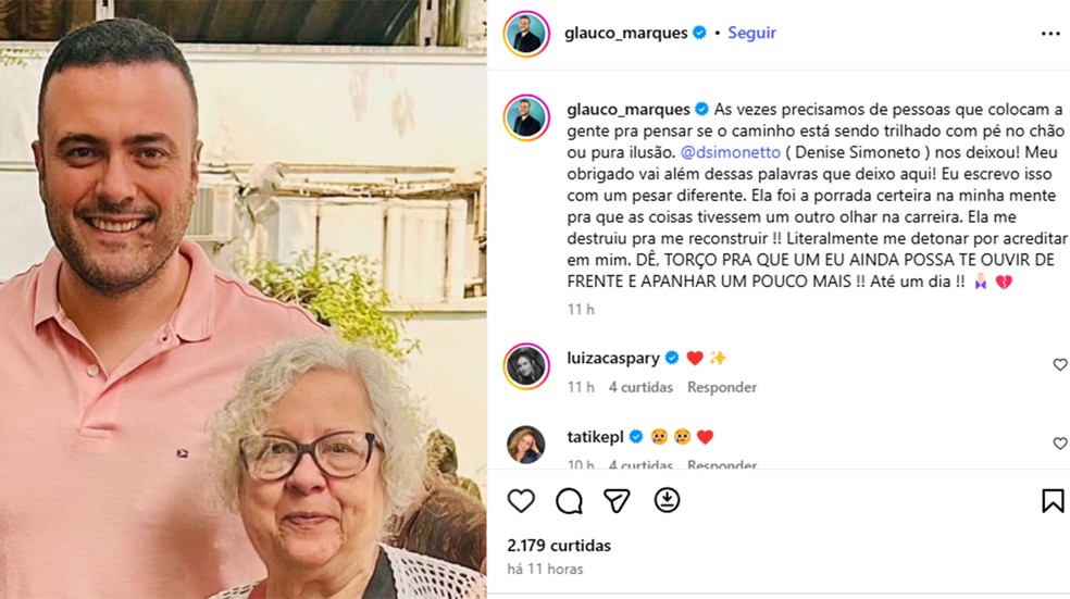 Glauco Marques lamenta a morte da tambm dubladora Denise Simonetto  Foto: Reproduo/Instagram